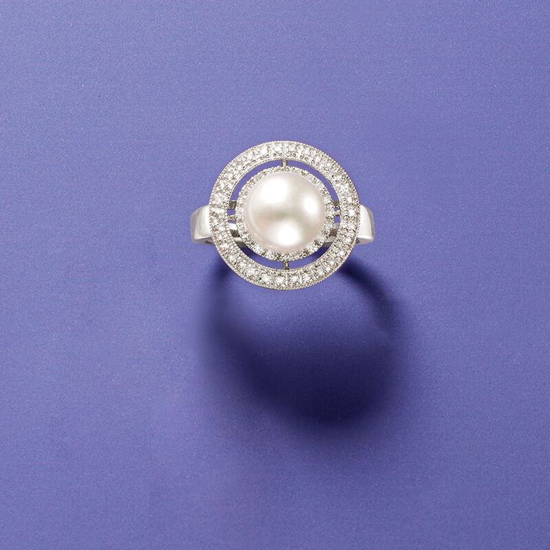 8.5mm Cultured Pearl and .20 ct. t.w. Diamond Double Halo Ring in 14kt White Gold  image number 3