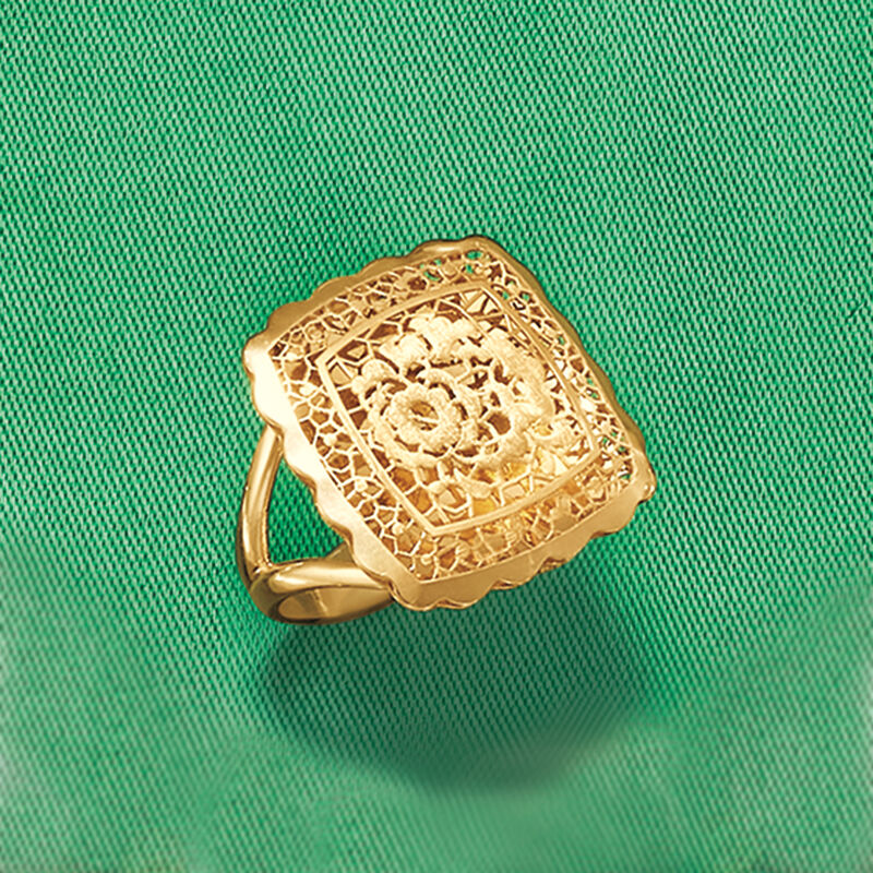 Italian 18kt Yellow Gold Floral Openwork Square-Top Ring image number 3