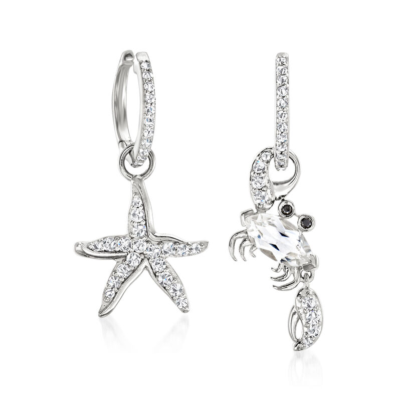 2.20 ct. t.w. White Topaz Starfish and Crab Mismatched Drop Earrings with Black Spinel in Sterling Silver image number 2