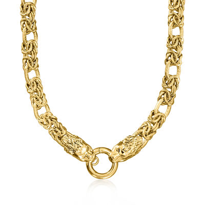 Italian 14kt Yellow Gold-Plated Double Lion Head Byzantine Necklace