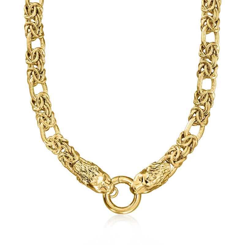 Italian 14kt Yellow Gold-Plated Double Lion Head Byzantine Necklace image number 0
