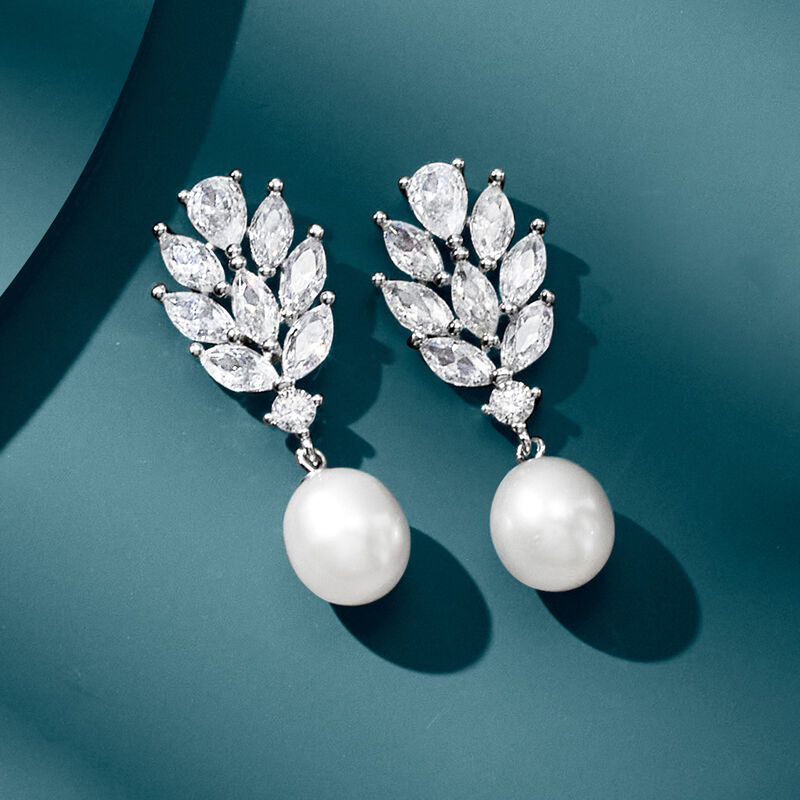 8-8.5mm Cultured Pearl and 3.30 ct. t.w. CZ Drop Earrings in Sterling Silver image number 3