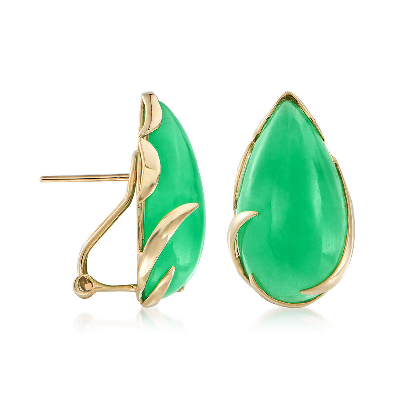 Pear-Shaped Green Jadeite Jade Cabochon Earrings in 14kt Yellow Gold image number 2