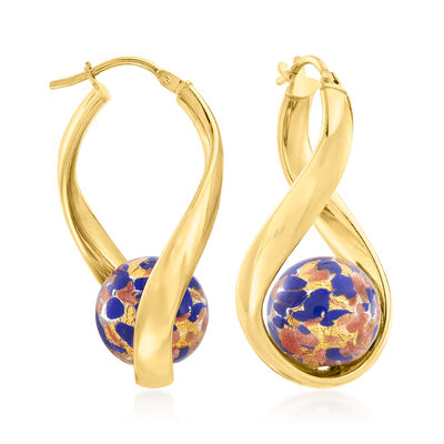 Italian Blue Murano Glass Bead Twisted Hoop Earrings in 18kt Gold Over Sterling