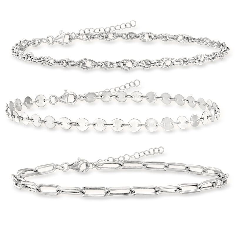 Sterling Silver Jewelry Set: Three Anklets. 9" image number 1