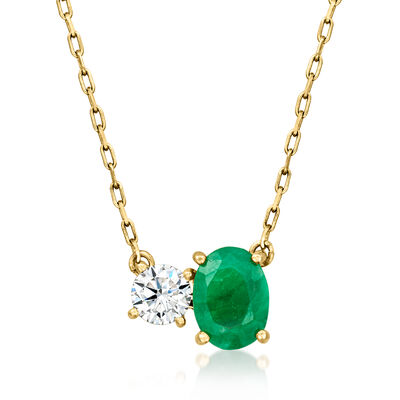 1.00 Carat Emerald and .25 Carat Lab-Grown Diamond Toi et Moi Necklace in 14kt Yellow Gold