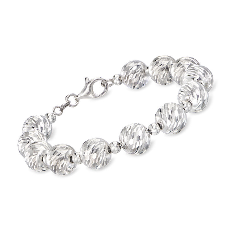 Italian 4mm and 10mm Sterling Silver Diamond-Cut and Polished Bead Bracelet image number 0