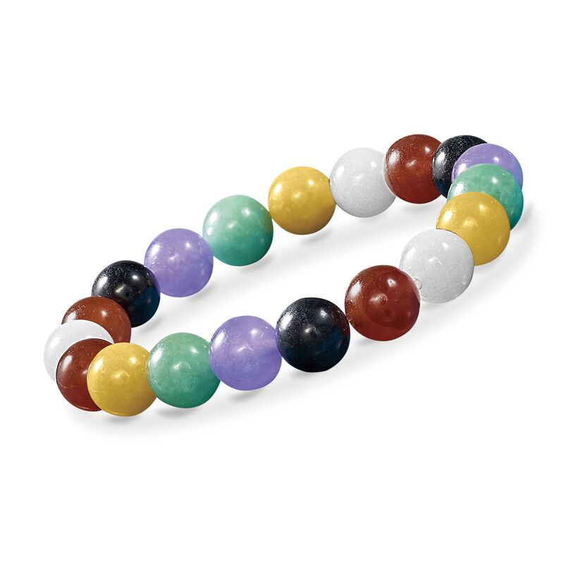 10mm Multicolored Jade and White Quartz Bead Stretch Bracelet image number 0