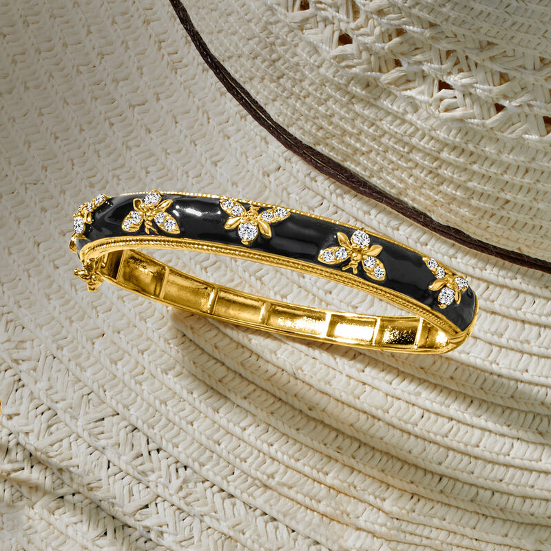 1.40 ct. t.w. White Topaz and Black Enamel Bumblebee Bangle Bracelet in 18kt Gold Over Sterling image number 3