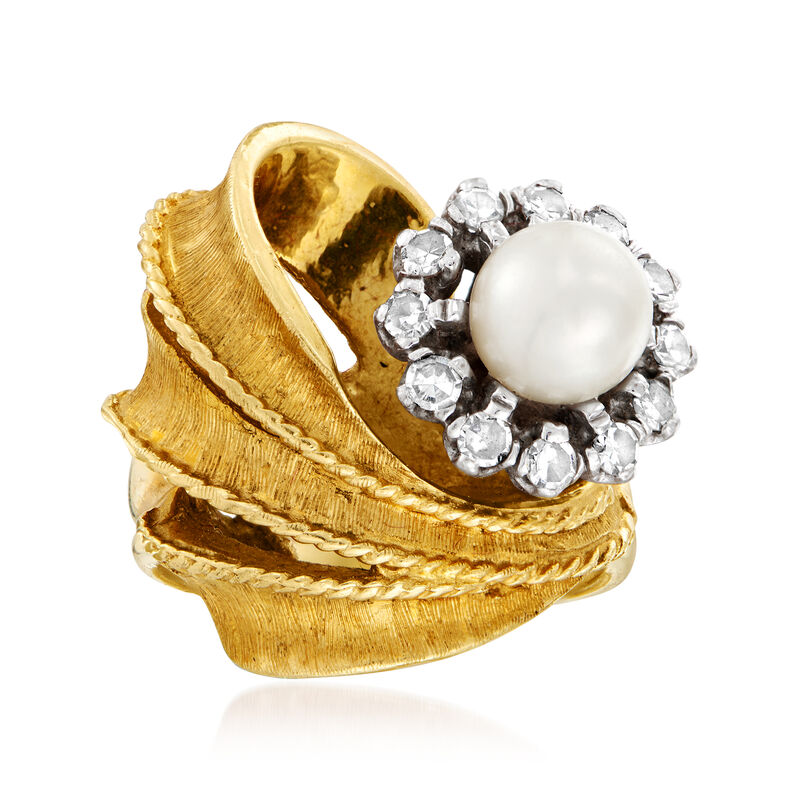 C. 1970 Vintage 6.5mm Cultured Pearl and .35 ct. t.w. Diamond Flower Ring in 14kt Yellow Gold image number 0