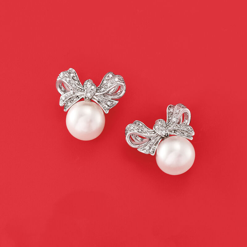 8.5-9 mm Cultured Pearl and .10 ct. t.w. Diamond Bow Earrings in Sterling Silver image number 3