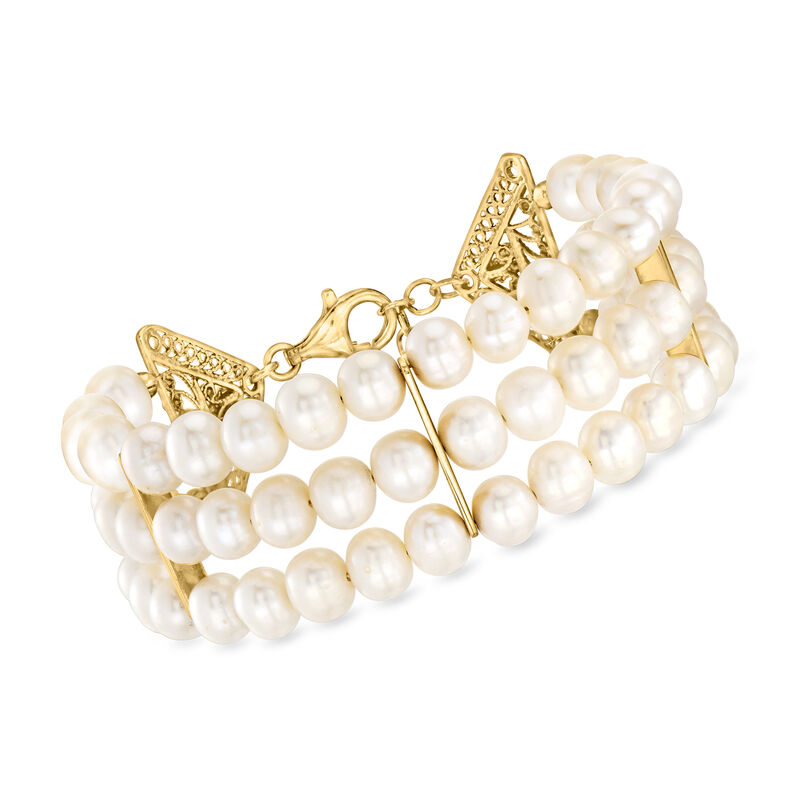 6.5-7.5mm Cultured Pearl Three-Row Bracelet in 18kt Gold Over Sterling. 7&quot; image number 0