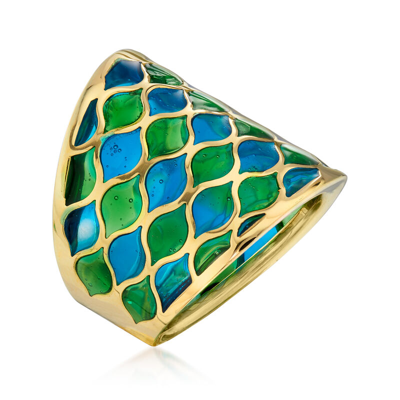 Italian Green and Blue Enamel Ring in 14kt Yellow Gold image number 2