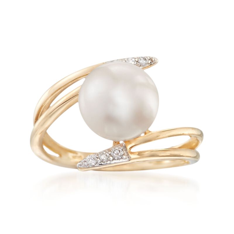 9mm Cultured Pearl Bypass Ring with Diamond Accents in 14kt Yellow Gold image number 0
