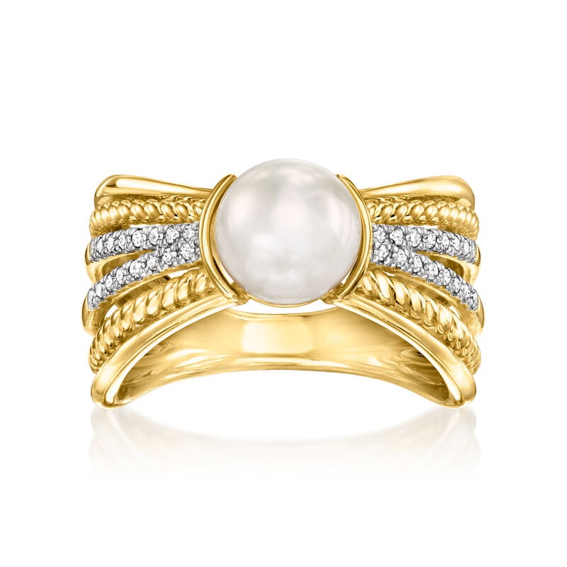 7.5-8mm Cultured Pearl Multi-Row Ring with .11 ct. t.w. Diamonds in 18kt Gold Over Sterling image number 0