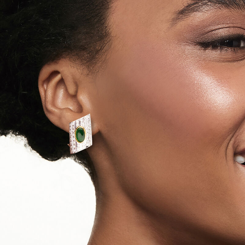 C. 1980 Vintage Jade and 1.00 ct. t.w. Diamond Geometric Earrings in 18kt Two-Tone Gold image number 1