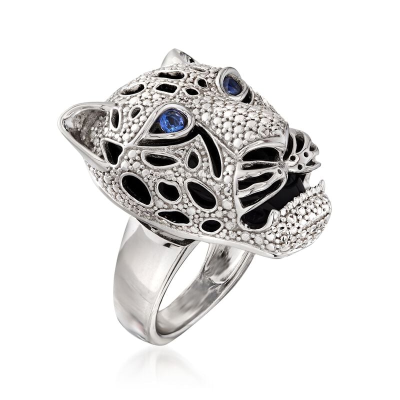 Black Onyx and .10 ct. t.w. Sapphire Panther Head Ring in Sterling Silver image number 2