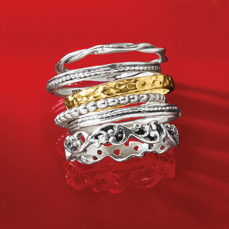 Sterling Silver and 18kt Gold Over Sterling Jewelry Set: Six Textured Rings image number 5