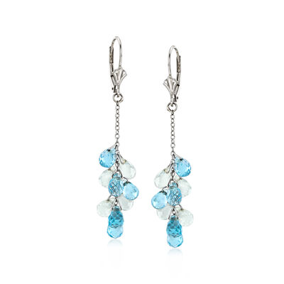 C. 1990 Vintage 11.70 ct. t.w. White and Swiss Blue Topaz Bead Drop Earrings in 14kt White Gold