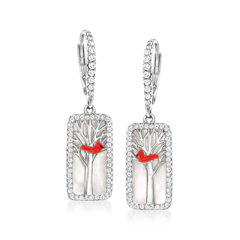 Mother-of-Pearl and .70 ct. t.w. White Topaz Cardinal Drop Earrings with Multicolored Enamel in Sterling Silver  image number 0