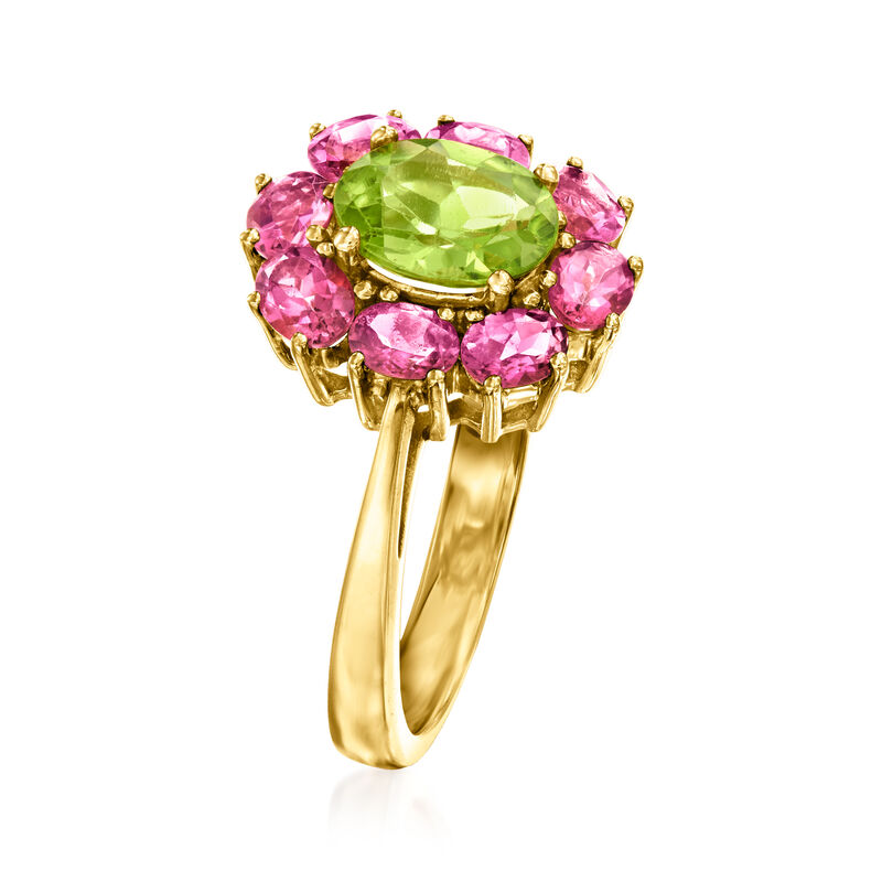 1.50 Carat Peridot and 1.60 ct. t.w. Pink Topaz Ring in 14kt Yellow Gold. Size 5 image number 2
