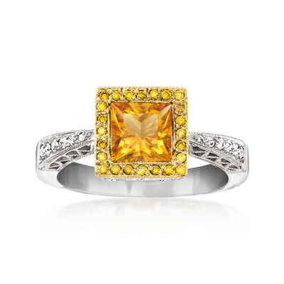 C. 1990 Vintage 1.05 Carat Citrine Ring with .55 ct. t.w. Yellow and White Diamonds in 18kt Two-Tone Gold