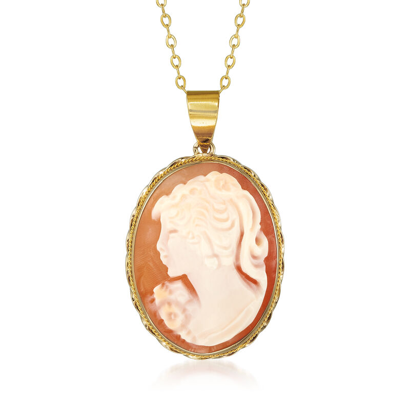 C. 1980 Vintage Pink Shell Cameo Pendant Necklace in 14kt Yellow Gold. 18&quot; image number 1