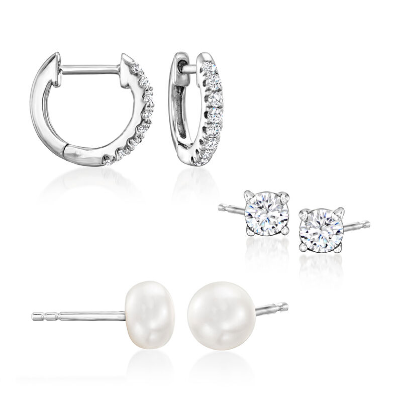 6-6.5mm Cultured Pearl and .60 ct. t.w. CZ Jewelry Set: Three Pairs of Earrings in Sterling Silver  image number 0