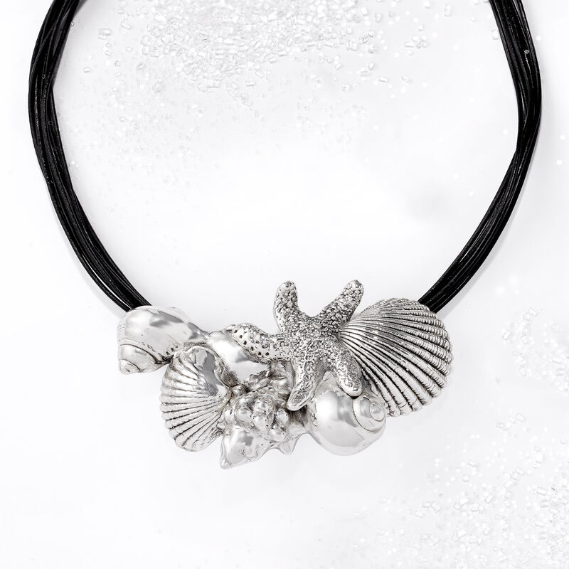 Sterling Silver Over Resin Starfish and Seashells Necklace with Black Leather. 18&quot; image number 10