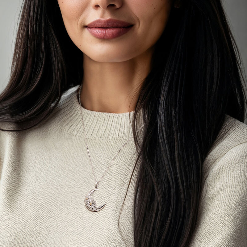 Sterling Silver Floral Moon Pendant Necklace with 14kt Yellow Gold. 18&quot; image number 0