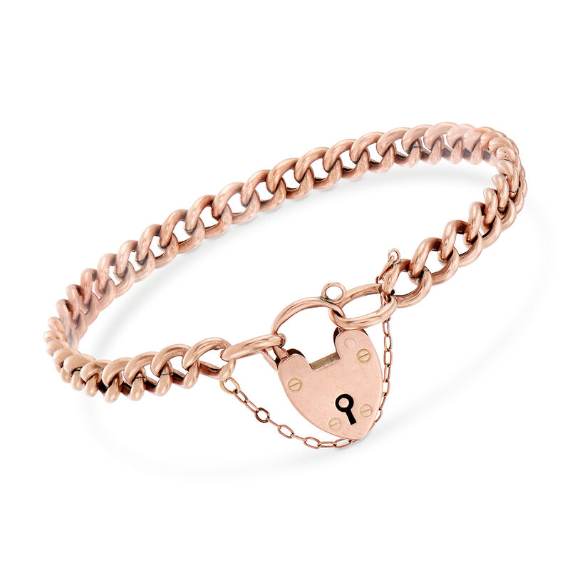C. 1904 Vintage 9kt Rose Gold Heart Padlock Bracelet with British Hallmark image number 0