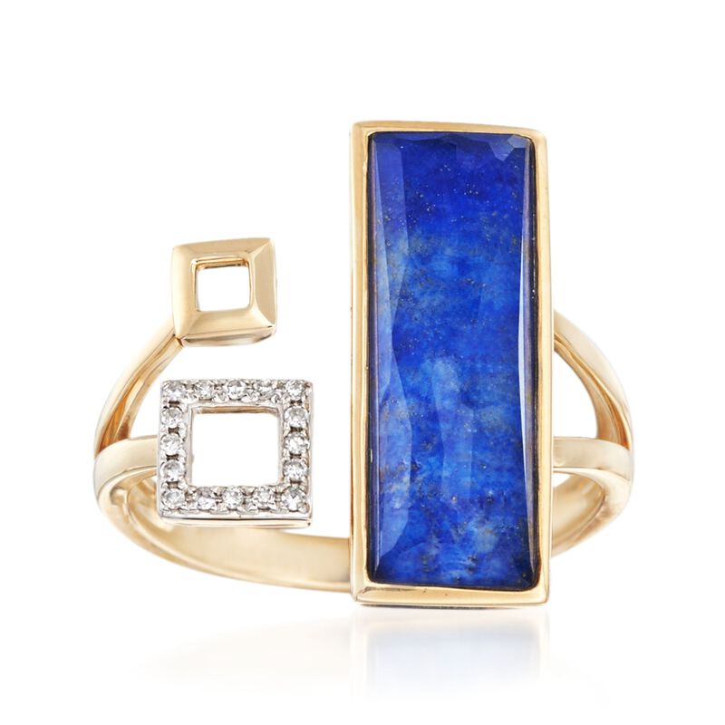 Geometric Lapis Cuff Ring with Rock Crystal and Diamond Accents in 14kt Yellow Gold image number 0