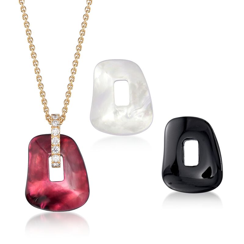 Mattioli &quot;Puzzle&quot; .17 ct. t.w. Diamond Pendant Necklace in 18kt Yellow Gold with Three Interchangeable Pendant Drops: Black Onyx and Multicolored Mother-Of-Pearl. 15.75&quot; image number 1