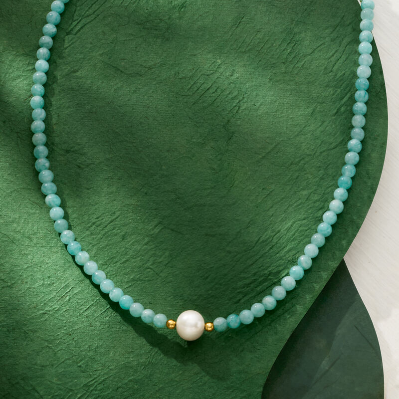 8.5-9mm Cultured Pearl and 4-4.5mm Amazonite Bead Necklace with 18kt Gold Over Sterling image number 2