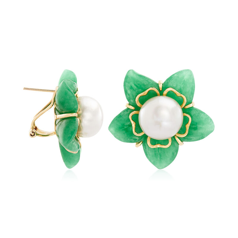 11-11.5mm Cultured Freshwater Pearl and Green Jade Flower Earrings with 14kt Yellow Gold image number 2