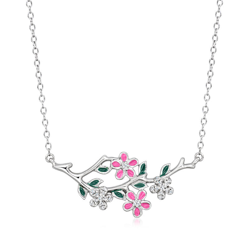 .10 ct. t.w. Diamond Floral Branch Necklace with Pink and Green Enamel in Sterling Silver image number 0