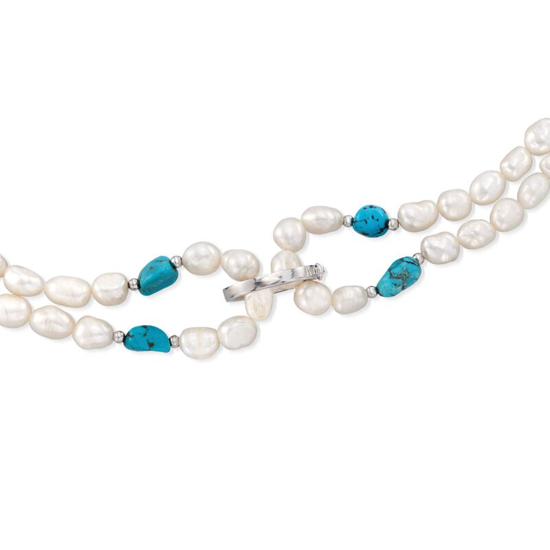 7.5-8.5mm Cultured Pearl and 7-9mm Turquoise Bead Endless Necklace with Sterling Silver Shortener. 72&quot; image number 2