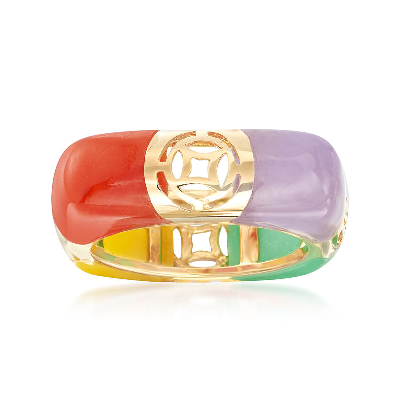 Multicolored Jade and Cutout Symbol Ring in 14kt Yellow Gold. Size 9 image number 0