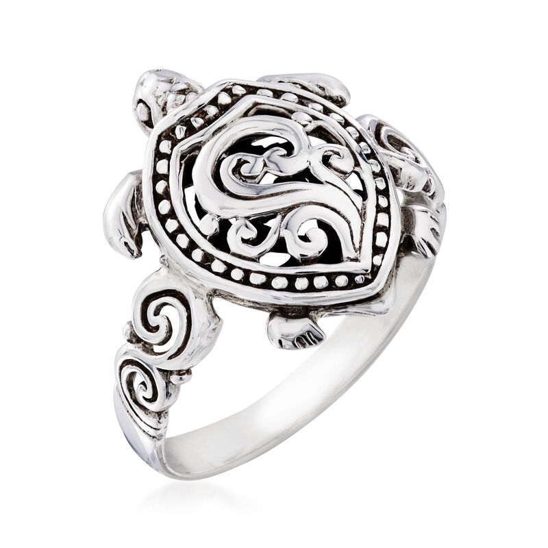 Sterling Silver Bali-Style Jewelry Set: Turtle Drop Earrings and Ring image number 5