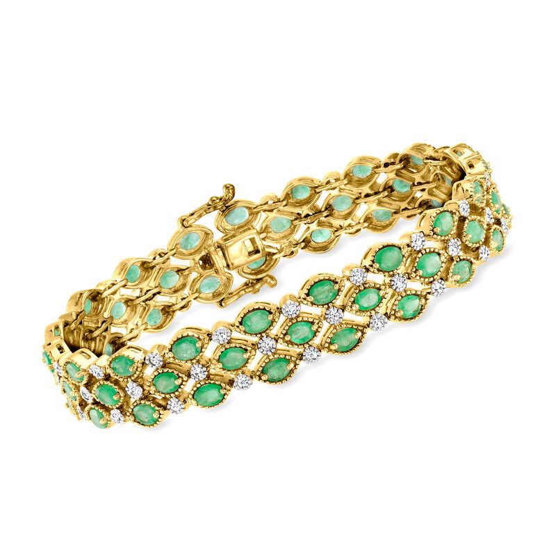 10.00 ct. t.w. Emerald Multi-Row Bracelet with .90 ct. t.w. White Zircon in 18kt Gold Over Sterling. 7.5&quot; image number 0