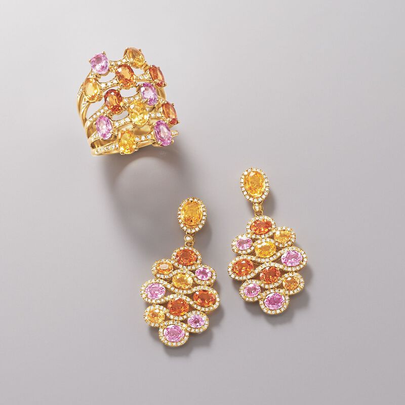 8.70 ct. t.w. Multicolored Sapphire and 1.00 ct. t.w. Diamond Drop Earrings in 18kt Yellow Gold image number 2