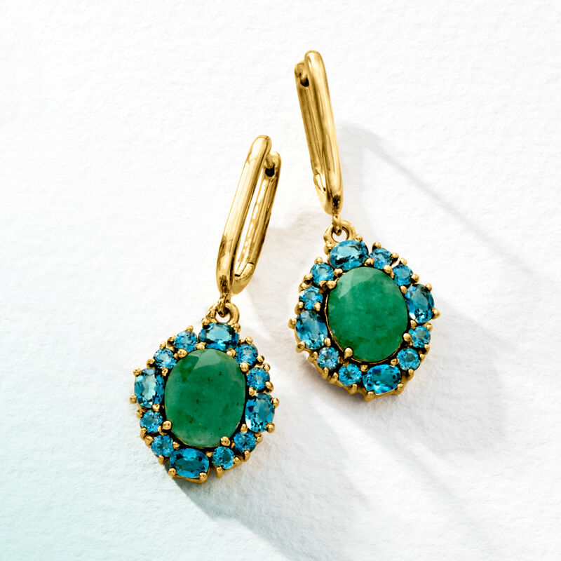 5.50 ct. t.w. Emerald and 2.80 ct. t.w. London Blue Topaz Drop Earrings in 18kt Gold Over Sterling  image number 3