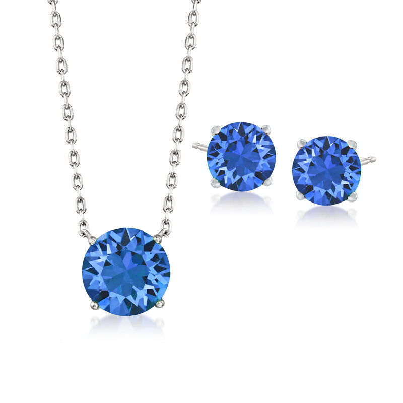 Jewelry Set: Dark Blue Swarovski Crystal Necklace and Earrings in Sterling Silver. 16&quot; image number 1
