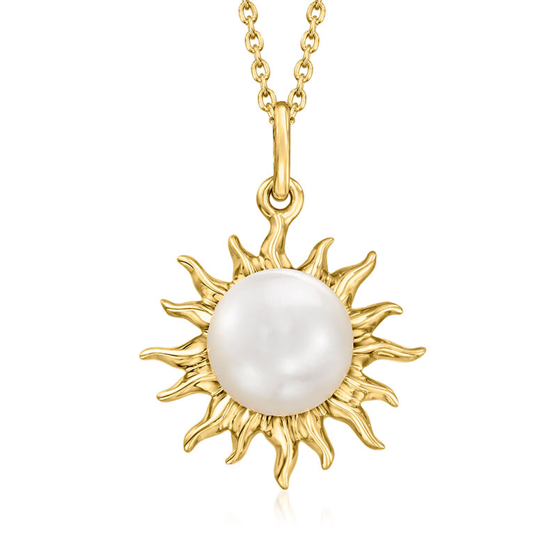9-9.5mm Cultured Pearl Sun Pendant Necklace in 18kt Gold Over Sterling. 18&quot; image number 0