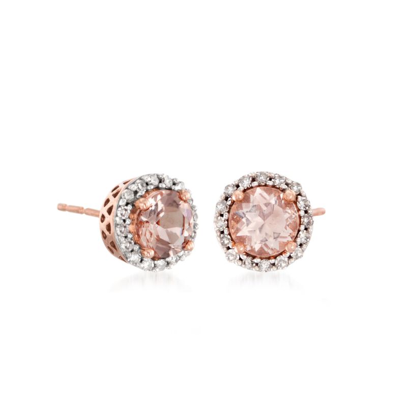 1.00 ct. t.w. Morganite and .16 ct. t.w. Diamond Halo Stud Earrings in 14kt Rose Gold image number 2