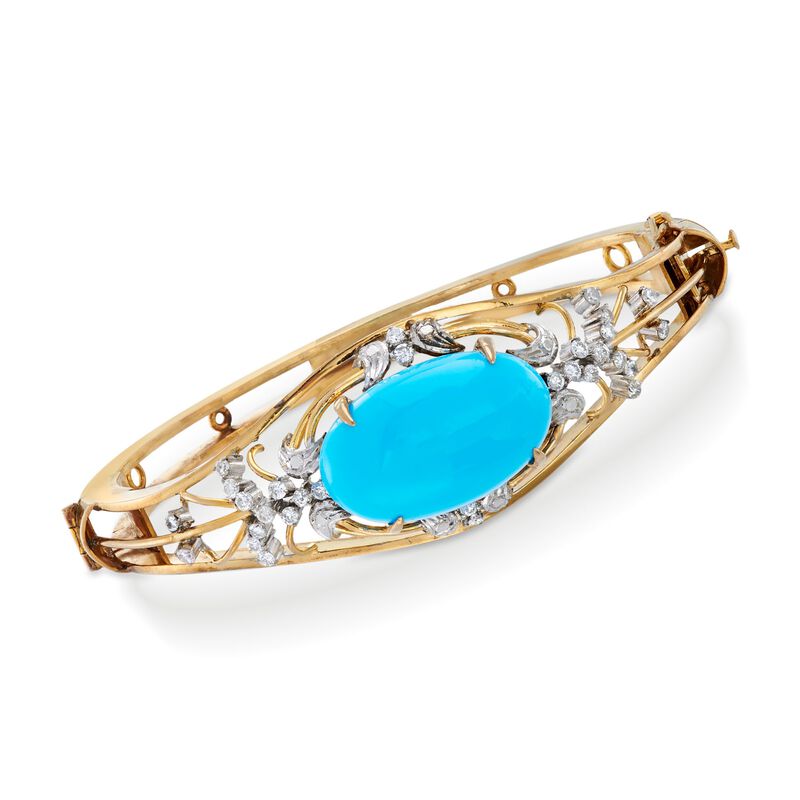 C. 1950 Vintage Turquoise and .70 ct. t.w. Diamond Bangle Bracelet in 10kt Yellow Gold. 7.5&quot; image number 0