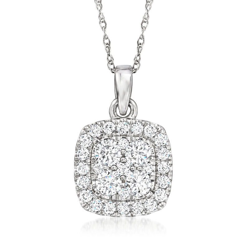 .75 ct. t.w. Diamond Cushion-Shaped Cluster Pendant Necklace in 14kt White Gold. 18&quot; image number 1