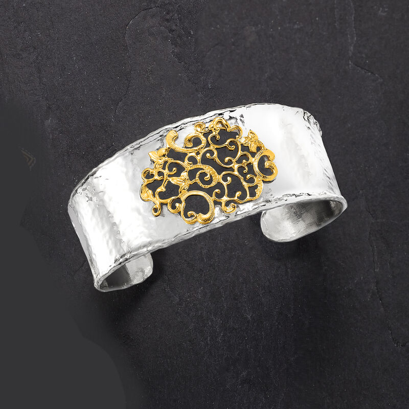 Sterling Silver and 14kt Yellow Gold Filigree Cuff Bracelet image number 2