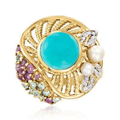 C. 1980 Vintage Turquoise, Cultured Pearl and .55 ct. t.w. Multi-Gemstone Ring with .12 ct. t.w. Diamonds in 14kt Yellow Gold