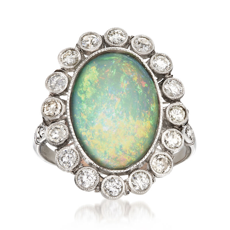 C. 1950 Vintage Opal and .75 ct. t.w. Diamond Ring in Platinum image number 0